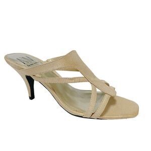 A/M by Ann Marino vintage gold open toe slip on cut out square toe heeled sandal